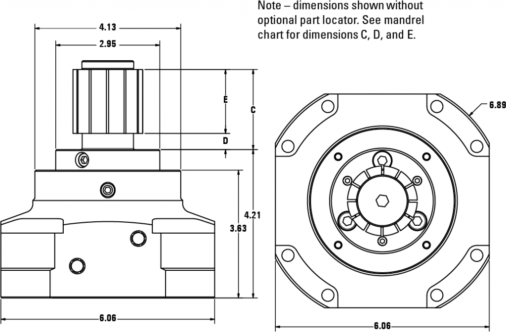 Note – dimensions shown without optional part locator. See mandrel chart for dimensions C, D, and E.